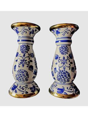 PAIR Chinoiserie Taper Candlestick Blue & White Holder 9.25"H  Porcelain Floral